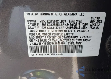 2019 Honda Pilot Ex-L z USA, uszkodzony, nr VIN 5FNYF6H55KB082929